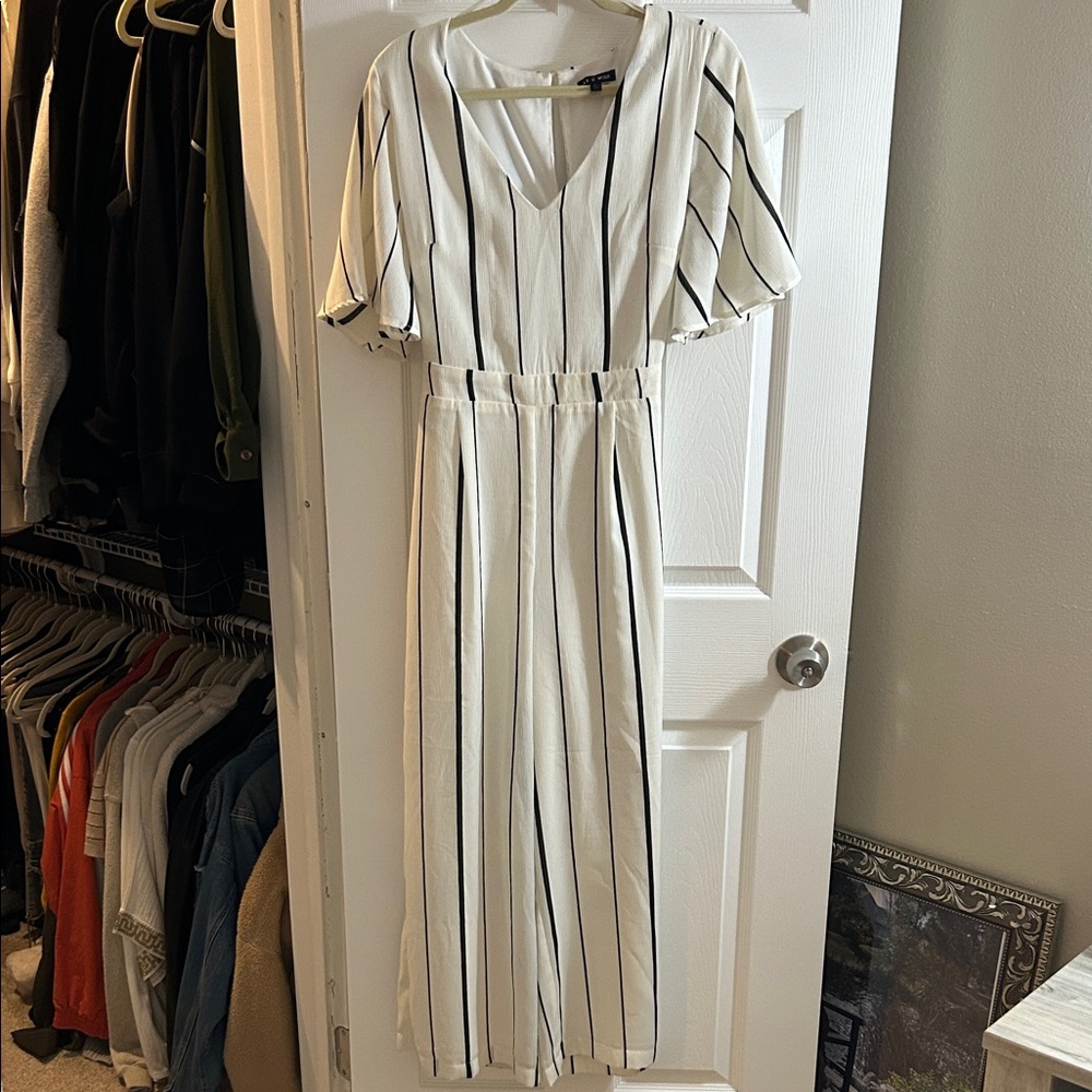 As U Wish White and Black Striped Jumpsuit